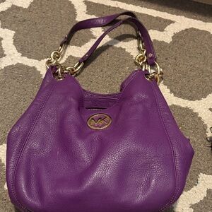 Michael Kors Purple Pebbled Leather Shoulder Hobo with Gold Hardware